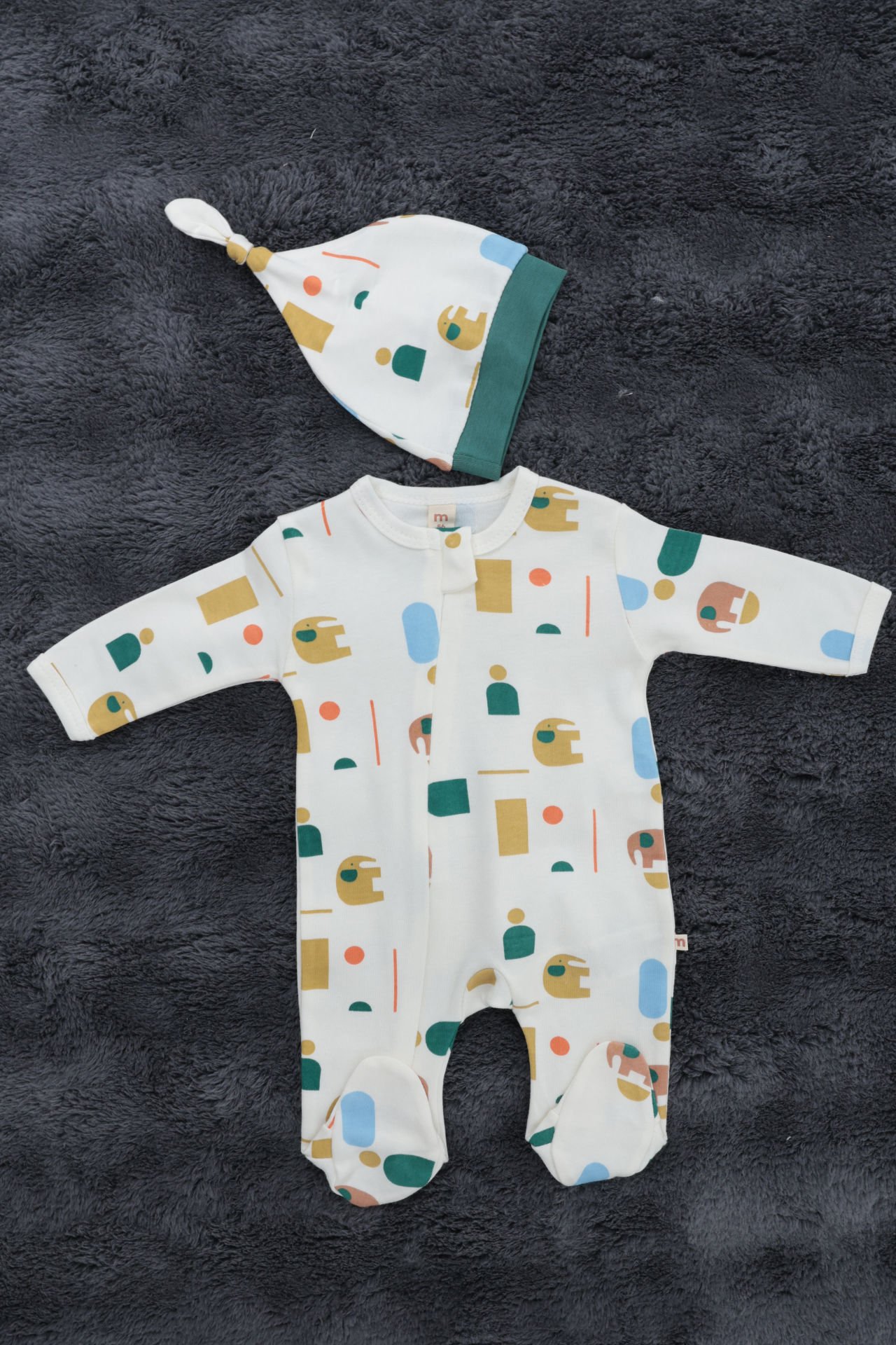 Fermuarlı Fil Desenli Bebek Tulum / Şapka Hediye / %100 Pamuklu / Yenidoğan Tulum Çok-Renkli - 0-3 Ay