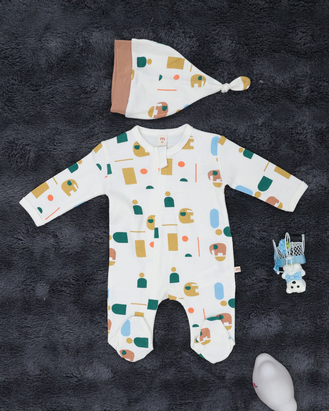 Fermuarlı Fil Desenli Bebek Tulum / Şapka Hediye / %100 Pamuklu / Yenidoğan Tulum Çok-Renk - 3-6 Ay