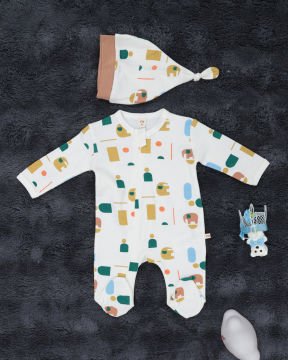 Fermuarlı Fil Desenli Bebek Tulum / Şapka Hediye / %100 Pamuklu / Yenidoğan Tulum Çok-Renk - 3-6 Ay