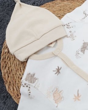 %100 Pamuklu Hayvan Figürlü Çıtçıtlı Bebek Tulumu + Şapka Hediyeli / Yenidoğan Tulum