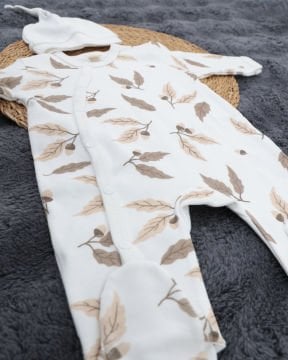 Yaprak Desenli Çıtçıtlı Bebek Tulum / %100 Pamuklu / Şapka Hediyeli Yenidoğan Tulum