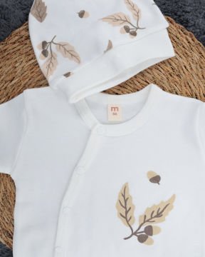 Yaprak Desenli Çıtçıtlı Bebek Tulum / %100 Pamuklu / Şapka Hediyeli Yenidoğan Tulum Beyaz-Yaprak - 0-3 Ay