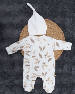 Yaprak Desenli Çıtçıtlı Bebek Tulum / %100 Pamuklu / Şapka Hediyeli Yenidoğan Tulum Yaprak - 0-3 Ay