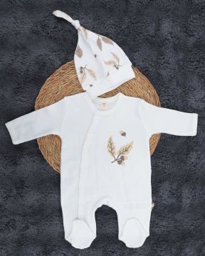 Yaprak Desenli Çıtçıtlı Bebek Tulum / %100 Pamuklu / Şapka Hediyeli Yenidoğan Tulum Beyaz-Yaprak - 3-6 Ay