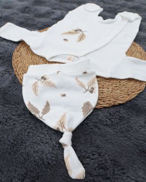 Yaprak Desenli Çıtçıtlı Bebek Tulum / %100 Pamuklu / Şapka Hediyeli Yenidoğan Tulum Beyaz-Yaprak - 3-6 Ay