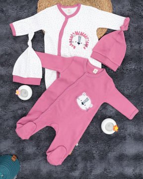 Aslan Desenli 2'li Tulum Seti / %100 Pamuklu Kumaş / Şapka Hediyeli / Yenidoğan Tulum Seti Pembe-Beyaz