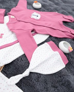 Aslan Desenli 2'li Tulum Seti / %100 Pamuklu Kumaş / Şapka Hediyeli / Yenidoğan Tulum Seti Pembe-Beyaz