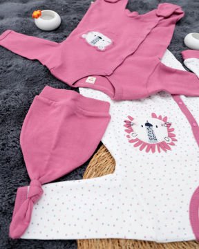 Aslan Desenli 2'li Tulum Seti / %100 Pamuklu Kumaş / Şapka Hediyeli / Yenidoğan Tulum Seti Pembe-Beyaz