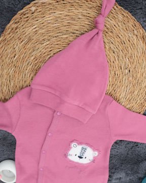 Aslan Desenli 2'li Tulum Seti / %100 Pamuklu Kumaş / Şapka Hediyeli / Yenidoğan Tulum Seti Pembe-Beyaz
