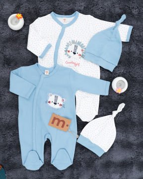 Aslan Desenli 2'li Tulum Seti / %100 Pamuklu Kumaş / Şapka Hediyeli / Yenidoğan Tulum Seti Mavi-Beyaz