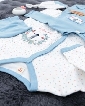 Aslan Desenli 2'li Tulum Seti / %100 Pamuklu Kumaş / Şapka Hediyeli / Yenidoğan Tulum Seti Mavi-Beyaz