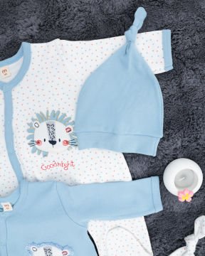 Aslan Desenli 2'li Tulum Seti / %100 Pamuklu Kumaş / Şapka Hediyeli / Yenidoğan Tulum Seti Mavi-Beyaz