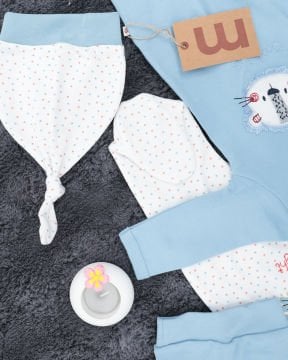 Aslan Desenli 2'li Tulum Seti / %100 Pamuklu Kumaş / Şapka Hediyeli / Yenidoğan Tulum Seti Mavi-Beyaz