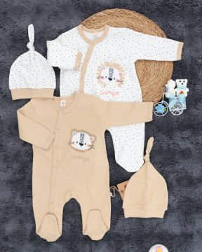 2'li Tulum Seti / Aslan Desenli / %100 Pamuklu Kumaş / Şapka Hediyeli / Yenidoğan Tulum Seti Bej-Beyaz