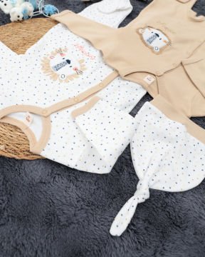 2'li Tulum Seti / Aslan Desenli / %100 Pamuklu Kumaş / Şapka Hediyeli / Yenidoğan Tulum Seti Bej-Beyaz