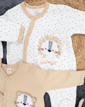 2'li Tulum Seti / Aslan Desenli / %100 Pamuklu Kumaş / Şapka Hediyeli / Yenidoğan Tulum Seti Bej-Beyaz