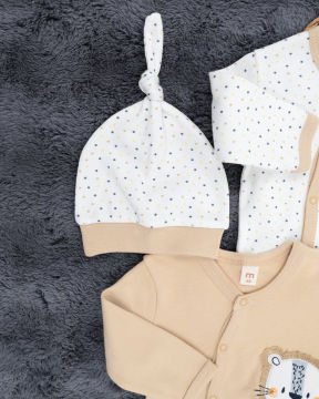 2'li Tulum Seti / Aslan Desenli / %100 Pamuklu Kumaş / Şapka Hediyeli / Yenidoğan Tulum Seti Bej-Beyaz