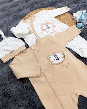 2'li Tulum Seti / Aslan Desenli / %100 Pamuklu Kumaş / Şapka Hediyeli / Yenidoğan Tulum Seti Bej-Beyaz