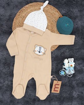 2'li Tulum Seti / Aslan Desenli / %100 Pamuklu Kumaş / Şapka Hediyeli / Yenidoğan Tulum Seti Bej-Beyaz