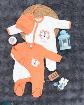 2'li Tulum Seti / Aslan Desenli / %100 Pamuklu Kumaş / Şapka Hediyeli / Yenidoğan Tulum Seti Turuncu-Beyaz