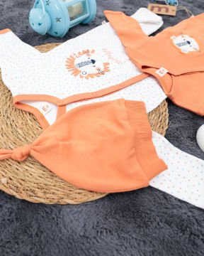 2'li Tulum Seti / Aslan Desenli / %100 Pamuklu Kumaş / Şapka Hediyeli / Yenidoğan Tulum Seti Turuncu-Beyaz