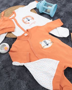 2'li Tulum Seti / Aslan Desenli / %100 Pamuklu Kumaş / Şapka Hediyeli / Yenidoğan Tulum Seti Turuncu-Beyaz