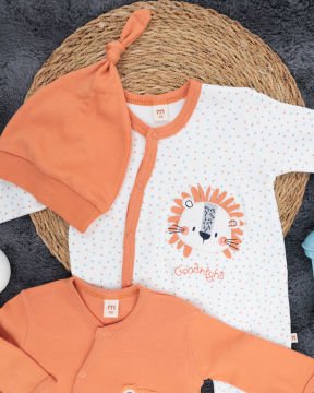 2'li Tulum Seti / Aslan Desenli / %100 Pamuklu Kumaş / Şapka Hediyeli / Yenidoğan Tulum Seti Turuncu-Beyaz