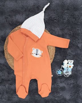 2'li Tulum Seti / Aslan Desenli / %100 Pamuklu Kumaş / Şapka Hediyeli / Yenidoğan Tulum Seti Turuncu-Beyaz