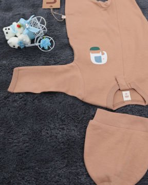 %100 Pamuklu Fil Desenli Fermuarlı 2’li Bebek Tulum Seti – 2 Adet Şapka Hediyeli Bej-Beyaz