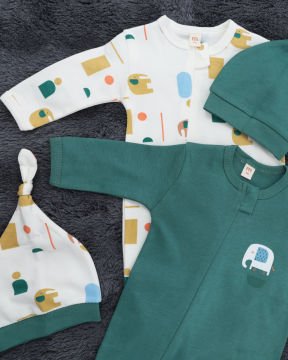 %100 Pamuklu Fil Desenli Fermuarlı 2’li Bebek Tulum Seti – 2 Adet Şapka Hediyeli Yeşil-Beyaz