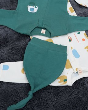 %100 Pamuklu Fil Desenli Fermuarlı 2’li Bebek Tulum Seti – 2 Adet Şapka Hediyeli Yeşil-Beyaz