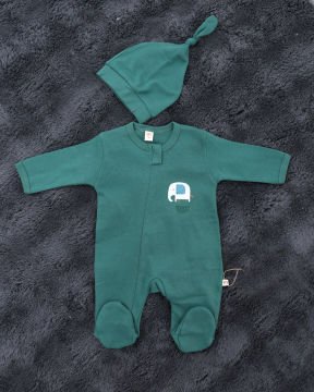 %100 Pamuklu Fil Desenli Fermuarlı 2’li Bebek Tulum Seti – 2 Adet Şapka Hediyeli Yeşil-Beyaz