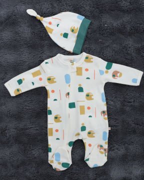 %100 Pamuklu Fil Desenli Fermuarlı 2’li Bebek Tulum Seti – 2 Adet Şapka Hediyeli Yeşil-Beyaz