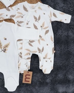 %100 Pamuklu Yaprak Desenli Çıtçıtlı 2’li Bebek Tulum Seti – 2 Adet Şapka Hediyeli Yenidoğan Tulum Set