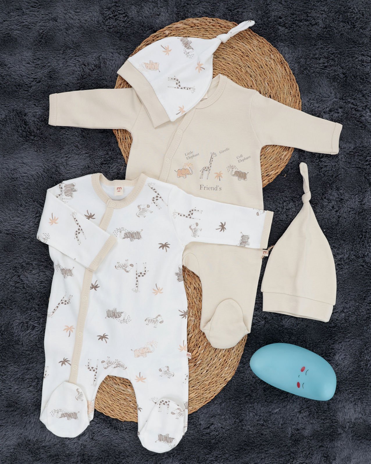Çıtçıtlı 2’li Bebek Tulum Seti /%100 Pamuklu Hayvan Figürlü – 2 Adet Şapka Hediyeli