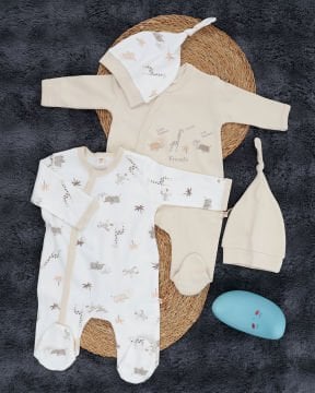 Çıtçıtlı 2’li Bebek Tulum Seti /%100 Pamuklu Hayvan Figürlü – 2 Adet Şapka Hediyeli