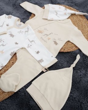 Çıtçıtlı 2’li Bebek Tulum Seti /%100 Pamuklu Hayvan Figürlü – 2 Adet Şapka Hediyeli