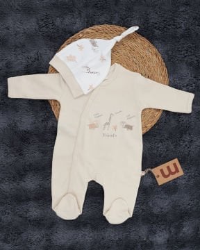 Çıtçıtlı 2’li Bebek Tulum Seti /%100 Pamuklu Hayvan Figürlü – 2 Adet Şapka Hediyeli