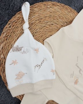 Çıtçıtlı 2’li Bebek Tulum Seti /%100 Pamuklu Hayvan Figürlü – 2 Adet Şapka Hediyeli