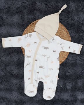 Çıtçıtlı 2’li Bebek Tulum Seti /%100 Pamuklu Hayvan Figürlü – 2 Adet Şapka Hediyeli