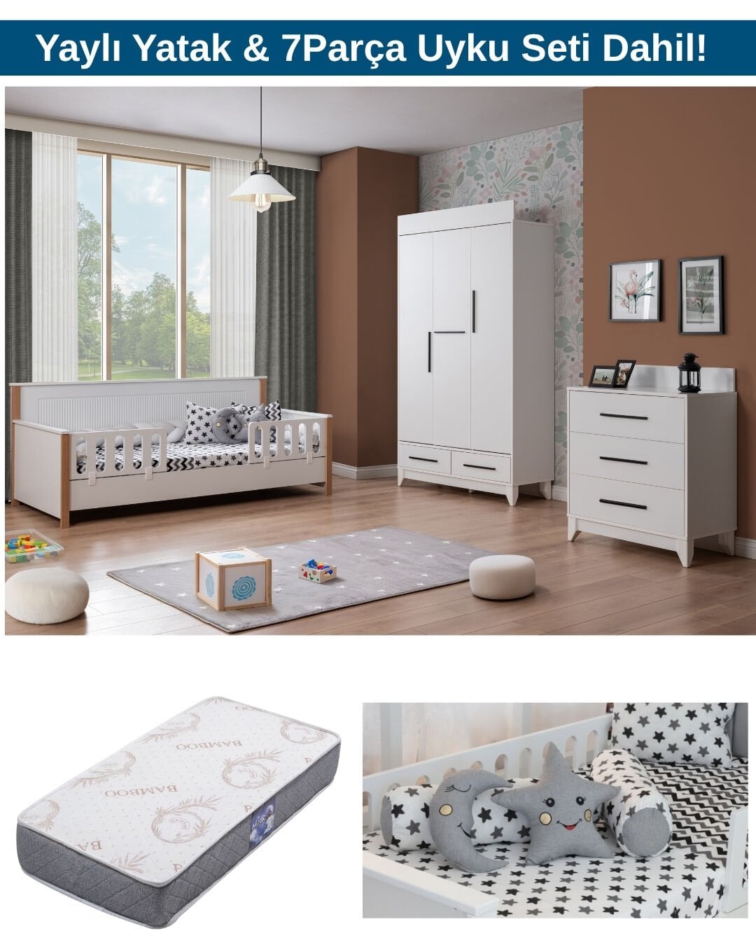 Viyana Beyaz Bebek ve Çocuk Odası / Yatak ve Uyku Seti Dahil / Ücretsiz Kurulum