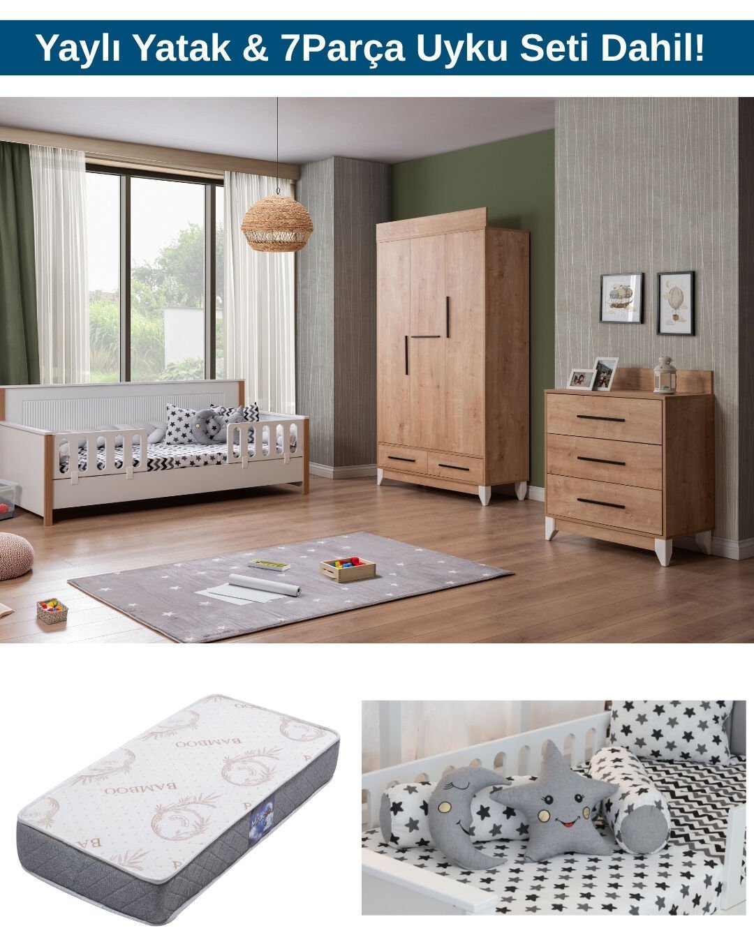 Viyana Meşe Bebek ve Çocuk Odası / Yatak ve Uyku Seti Dahil / Ücretsiz Kurulum