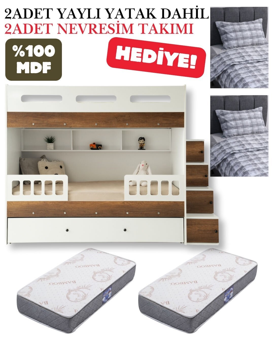 Berlin Ranza / Ücretsiz Kurulum / %100 MDF / 2 Adet Bambo Yaylı Yatak / 2 Adet Nevresim Takımı Hediye / Beyaz-Çam