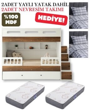 Berlin Ranza / Ücretsiz Kurulum / %100 MDF / 2 Adet Bambo Yaylı Yatak / 2 Adet Nevresim Takımı Hediye / Beyaz-Çam