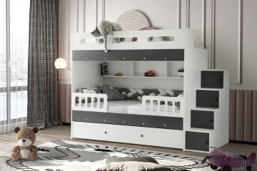 Berlin Ranza / Ücretsiz Kurulum / %100 MDF / 2 Adet Bambo Yaylı Yatak / 2 Adet Nevresim Takımı Hediye / Beyaz-Antrasit