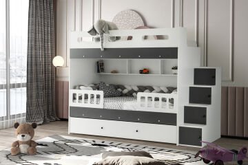 Berlin Ranza / Ücretsiz Kurulum / %100 MDF / 2 Adet Bambo Yaylı Yatak / 2 Adet Nevresim Takımı Hediye / Beyaz-Antrasit