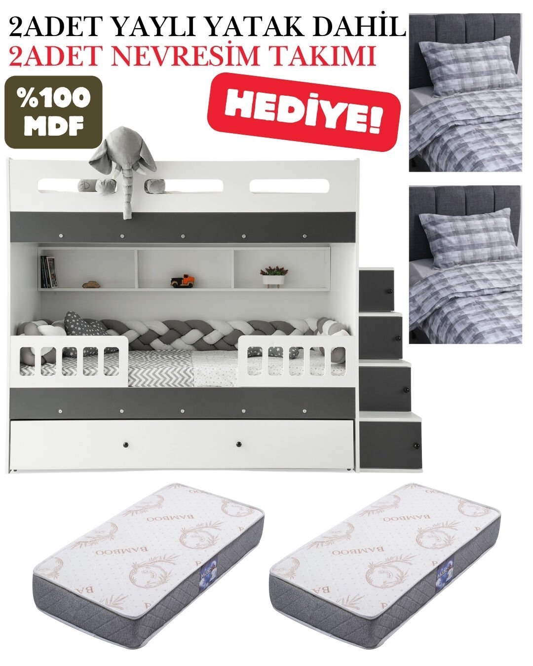 Berlin Ranza / Ücretsiz Kurulum / %100 MDF / 2 Adet Bambo Yaylı Yatak / 2 Adet Nevresim Takımı Hediye / Beyaz-Antrasit