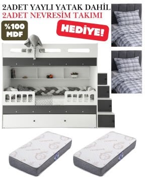 Berlin Ranza / Ücretsiz Kurulum / %100 MDF / 2 Adet Bambo Yaylı Yatak / 2 Adet Nevresim Takımı Hediye / Beyaz-Antrasit