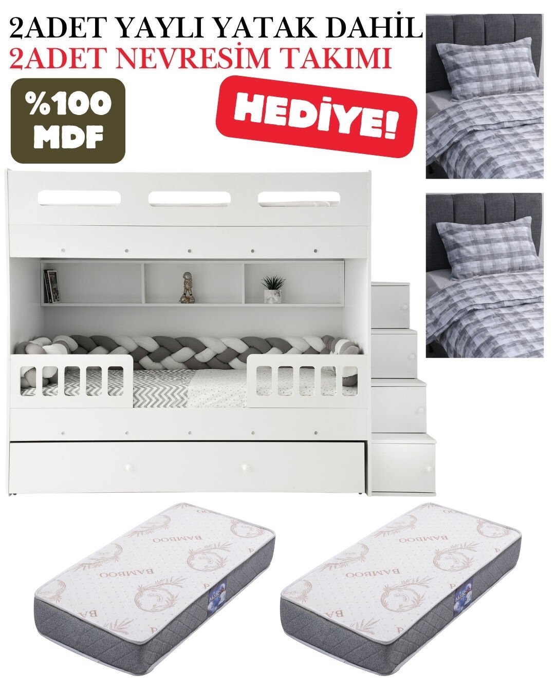 Berlin Ranza / Ücretsiz Kurulum / %100 MDF / 2 Adet Bambo Yaylı Yatak / 2 Adet Nevresim Takımı Hediye / Beyaz