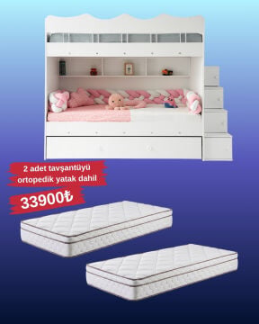Bulut Ranza / Ücretsiz Kurulum / %100 MDF / 2 Adet Bambo Yaylı Yatak / 2 Adet Nevresim Takımı Hediye / Beyaz